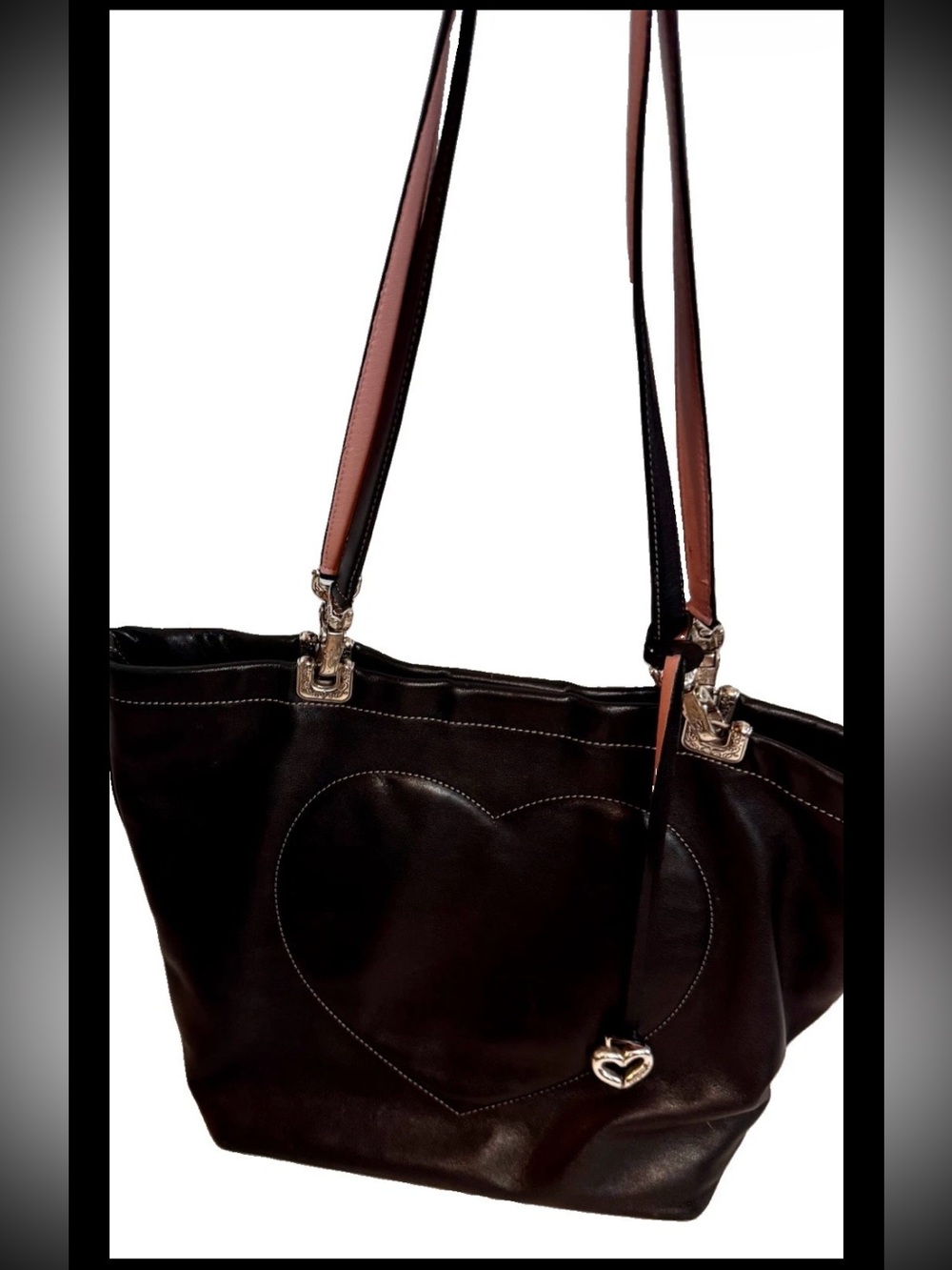 Brighton Tote Shoulder Bag Black Leather Heart Stitched Charm Love Scroll Stitch